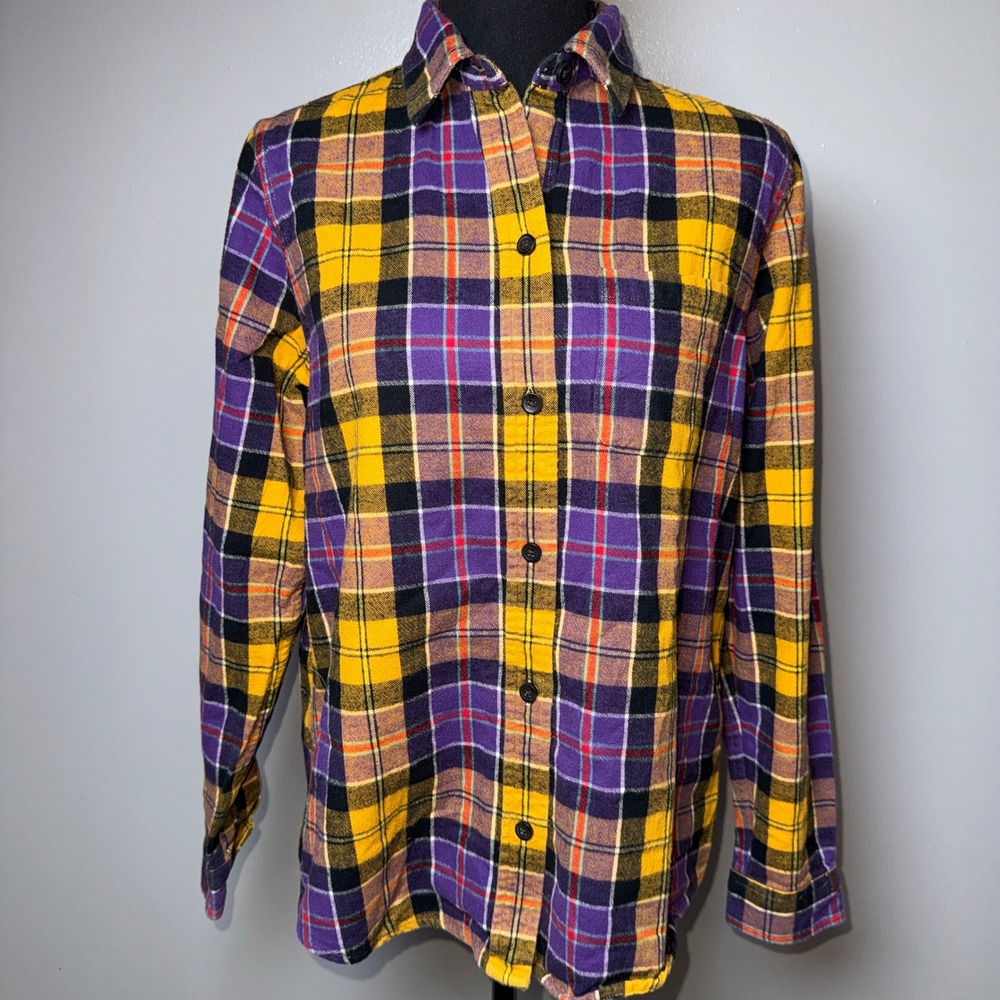 LL Bean Relaxed Fit Flannel Shirt Purple Yellow Plaid S Long Sleeve Button Up